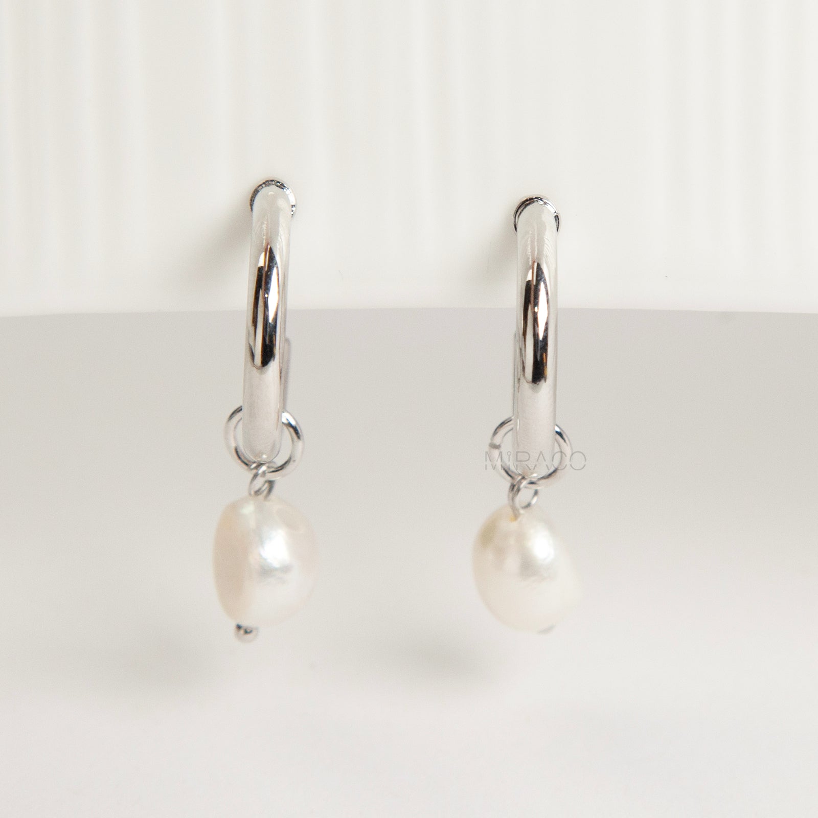 Silver Clip-On Hoop Earrings with Freshwater Pearl Charms
