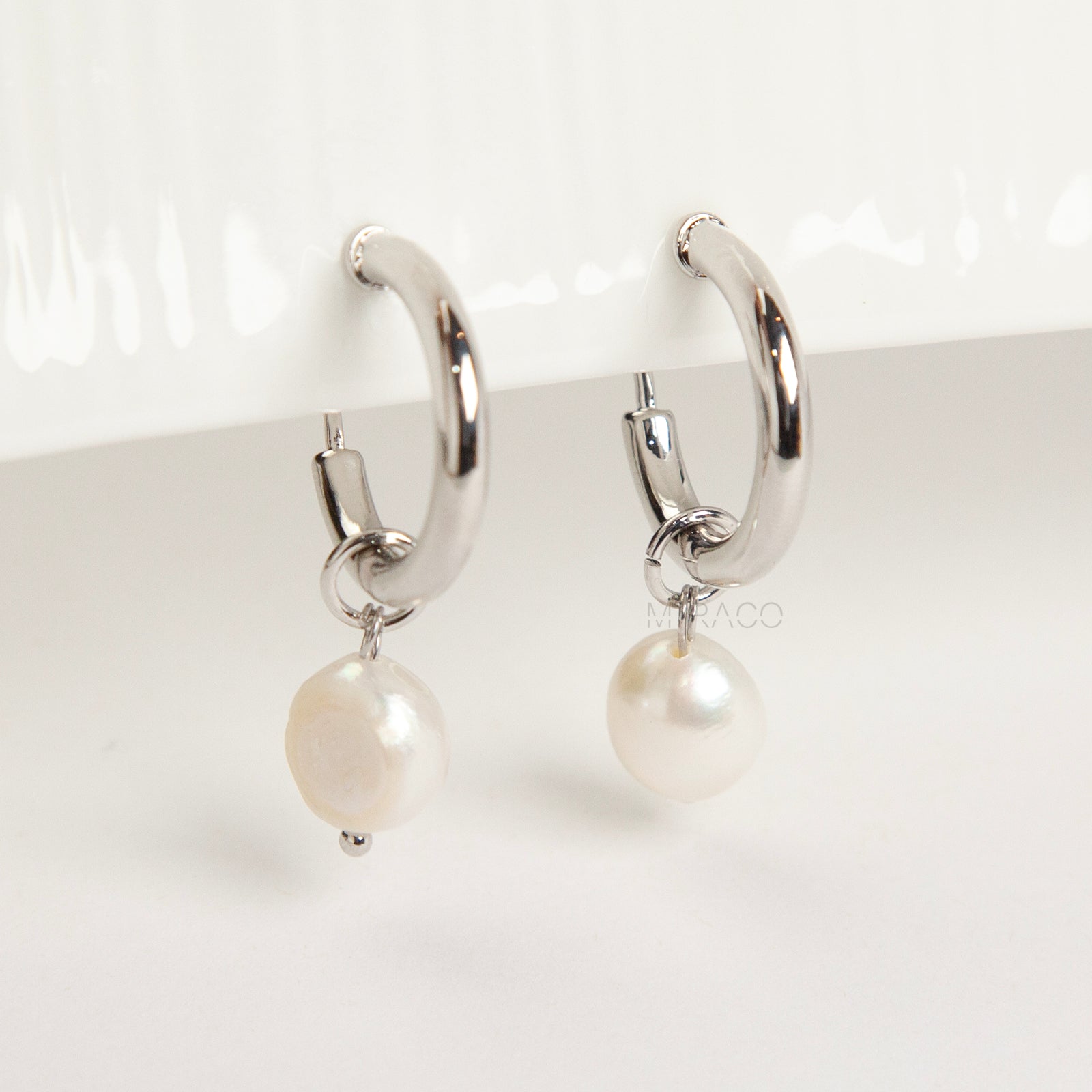Silver Clip-On Hoop Earrings with Freshwater Pearl Charms