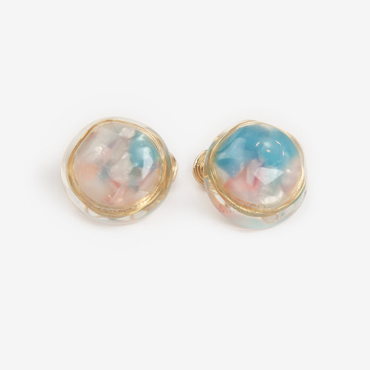 clip on earrings coil back, vintage style clip on earrings, dome resin earrings, blue pink clip on earrings, non pierced earrings gold trim, retro clip on earrings, resin dome jewellery, coil back earrings for women, lightweight clip on earrings