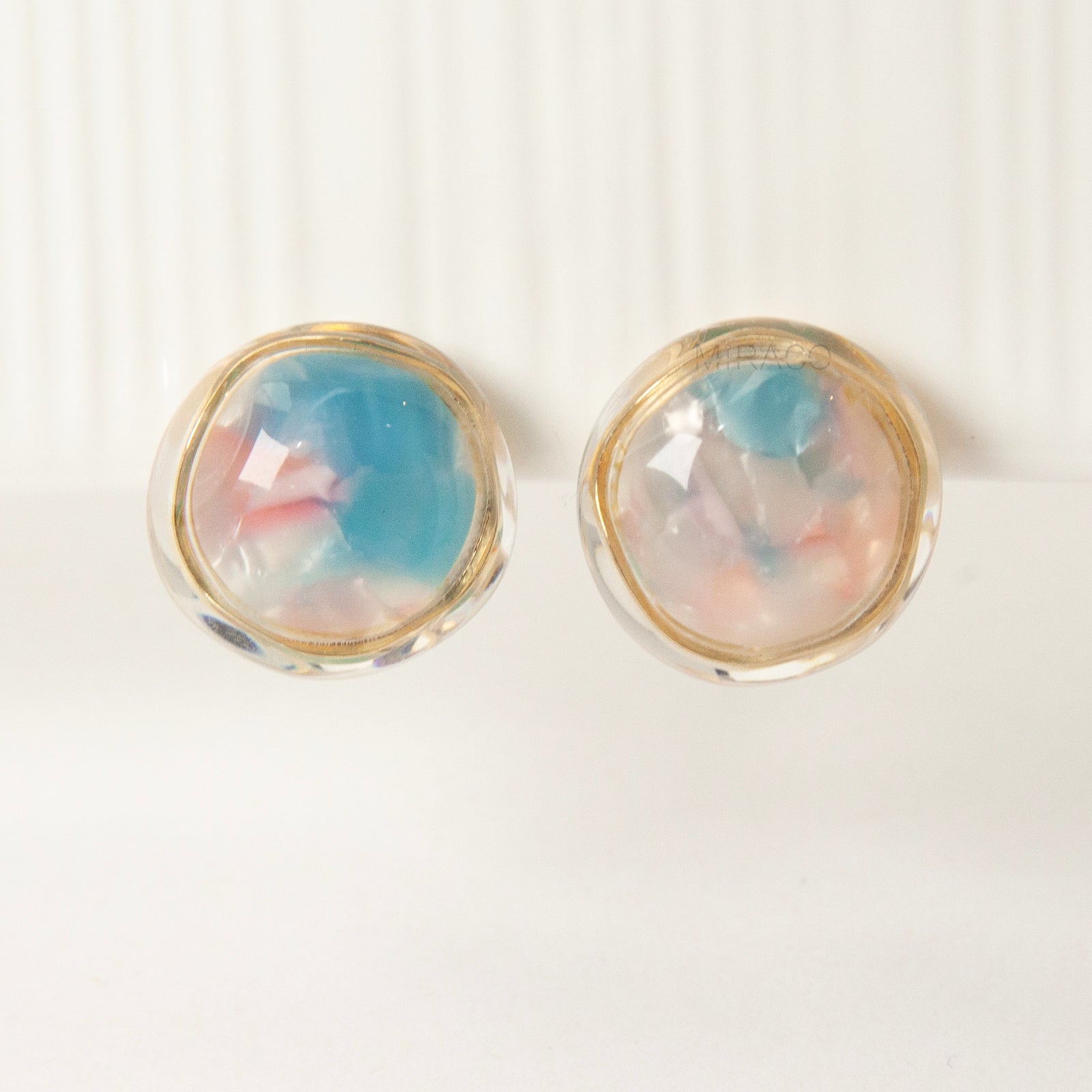 clip on earrings coil back, vintage style clip on earrings, dome resin earrings, blue pink clip on earrings, non pierced earrings gold trim, retro clip on earrings, resin dome jewellery, coil back earrings for women, lightweight clip on earrings