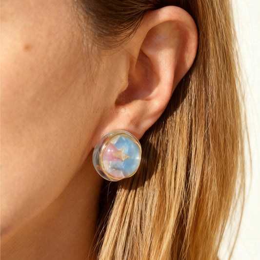 clip on earrings coil back, vintage style clip on earrings, dome resin earrings, blue pink clip on earrings, non pierced earrings gold trim, retro clip on earrings, resin dome jewellery, coil back earrings for women, lightweight clip on earrings