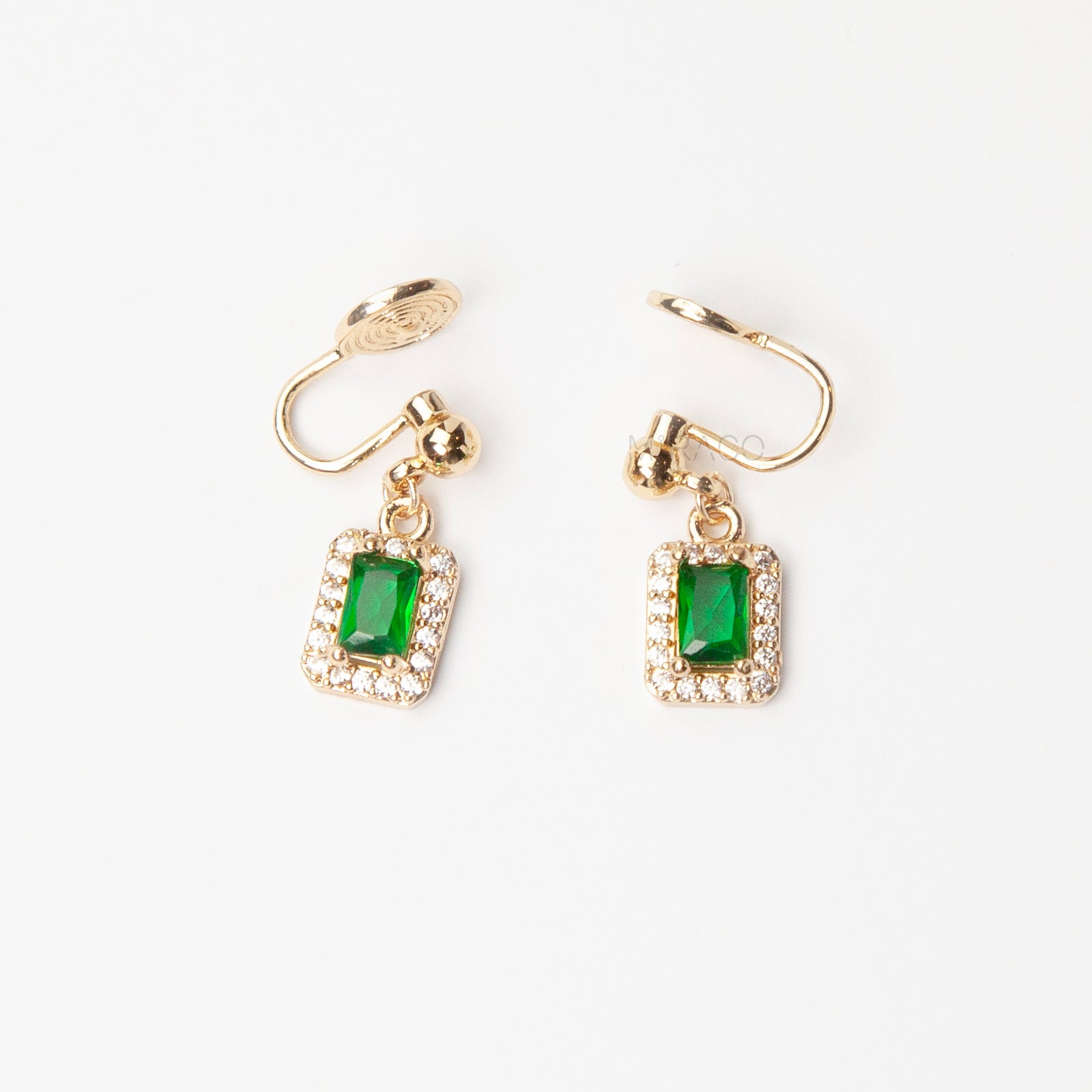 emerald green clip on earrings, rectangle drop earrings, crystal border clip on earrings, gold clip on earrings, non pierced earrings green stone, elegant clip on earrings, green drop earrings, coil back clip on earrings, statement clip on earrings