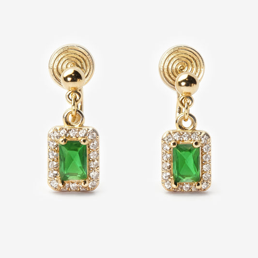 emerald green clip on earrings, rectangle drop earrings, crystal border clip on earrings, gold clip on earrings, non pierced earrings green stone, elegant clip on earrings, green drop earrings, coil back clip on earrings, statement clip on earrings