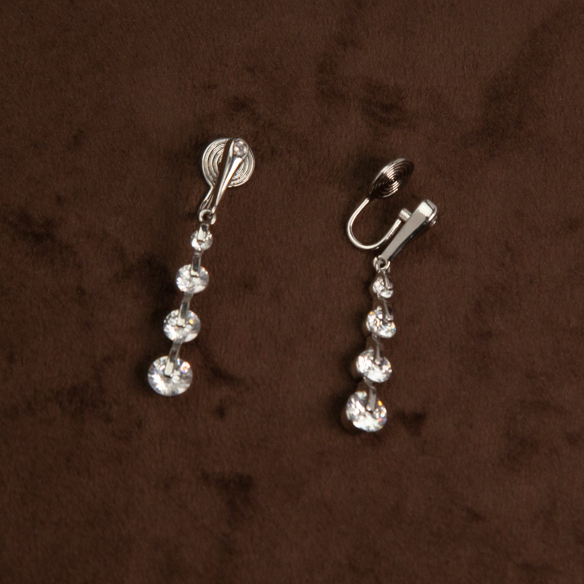 silver dangle clip-on earrings, non pierced diamond drop earrings, crystal clip on earrings, silver coil back earrings, dangling clip on earrings