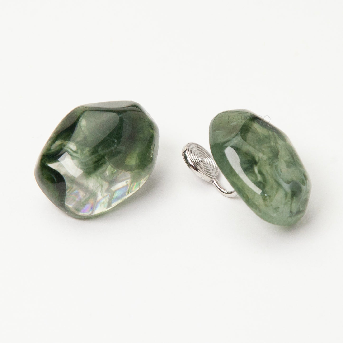 chunky resin clip on earrings, stone effect clip on earrings, non pierced stud earrings, resin stud earrings coil back, green clip on earrings, amber brown clip on studs, marbled clip on earrings, bold clip on earrings, modern clip on earrings