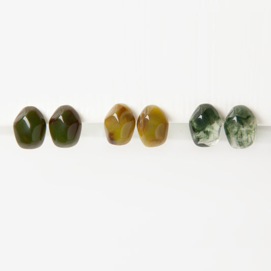 chunky resin clip on earrings, stone effect clip on earrings, non pierced stud earrings, resin stud earrings coil back, green clip on earrings, amber brown clip on studs, marbled clip on earrings, bold clip on earrings, modern clip on earrings