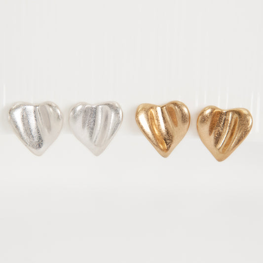 Chunky Heart Clip-On Earrings - Adjustable Screw Back (Gold/Silver)