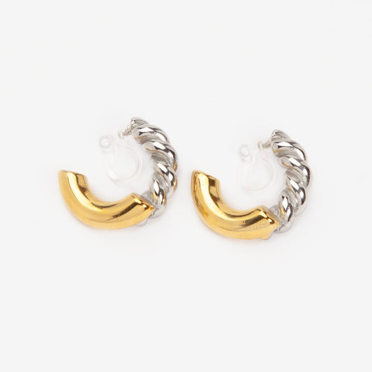 two tone twist invisible clip on hoop earrings stainless steel gold and silver non pierced