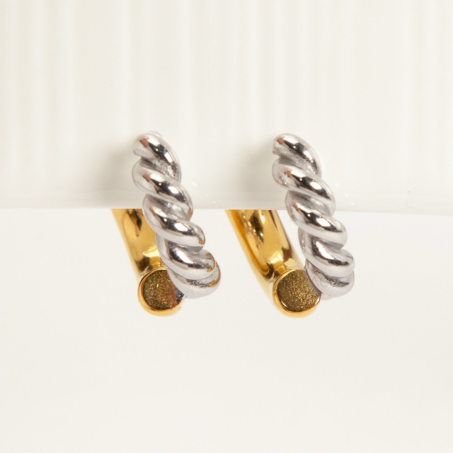 two tone twist invisible clip on hoop earrings stainless steel gold and silver non pierced