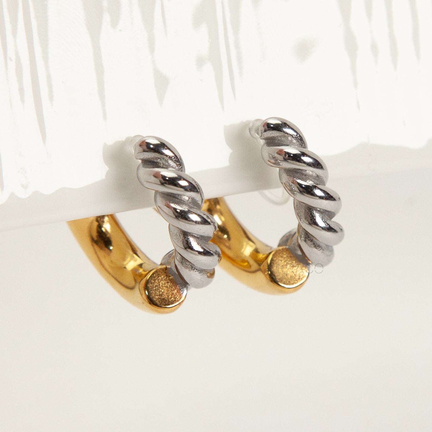 two tone twist invisible clip on hoop earrings stainless steel gold and silver non pierced