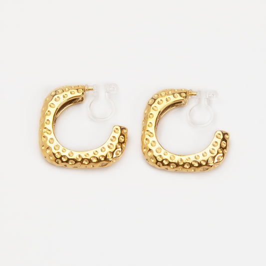 Hammered Gold Square Hoop Invisible Clip-On Earrings