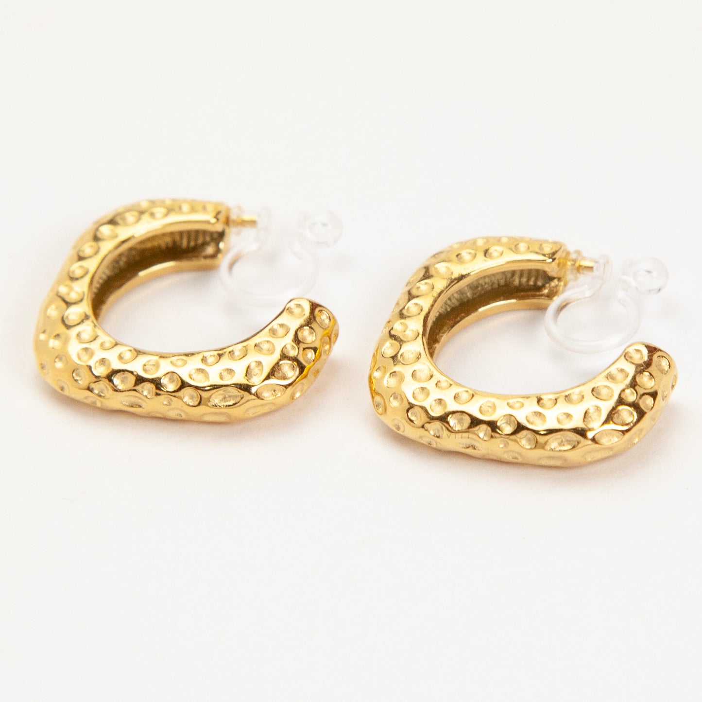 Hammered Gold Square Hoop Invisible Clip-On Earrings
