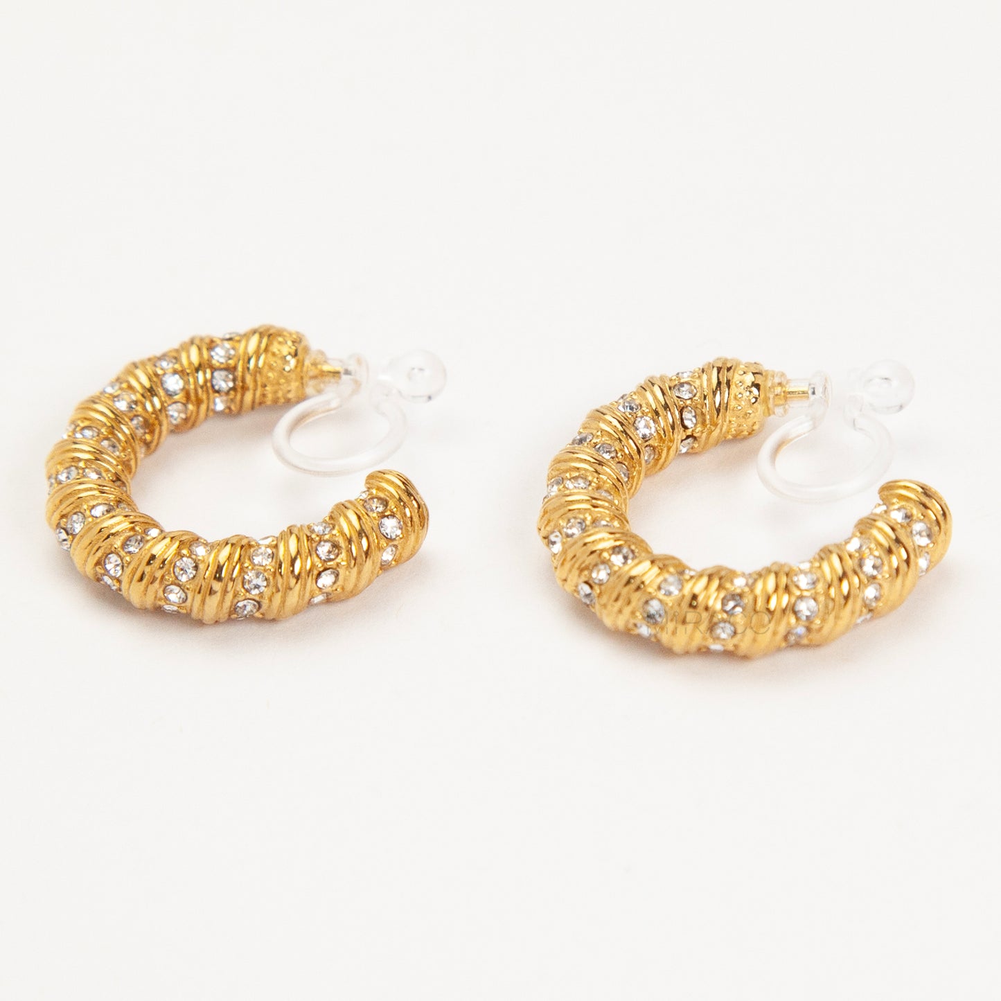 Gold Diamond Twist Hoop Clip-On Earrings