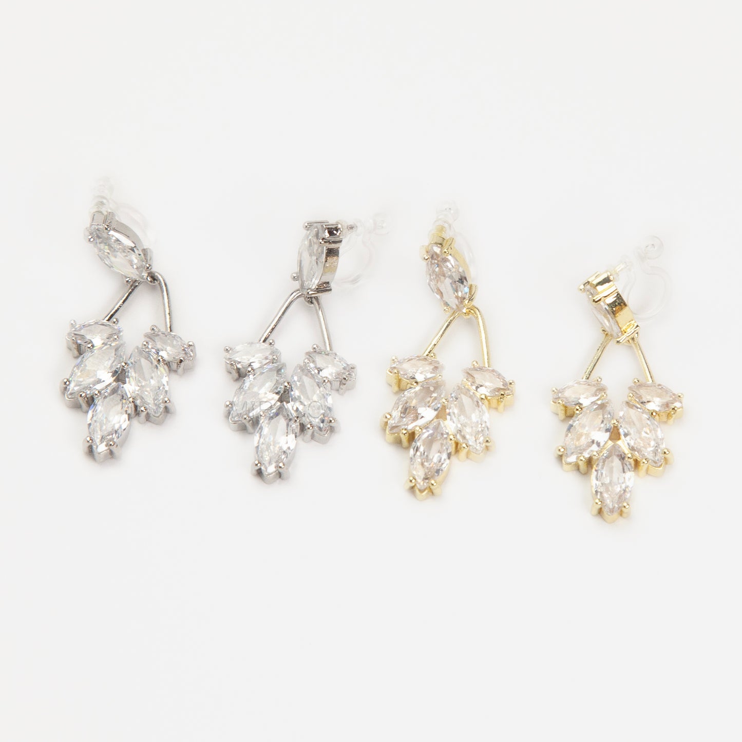 diamond drop invisible clip on earrings gold and silver brass clear resin non pierced leaf design