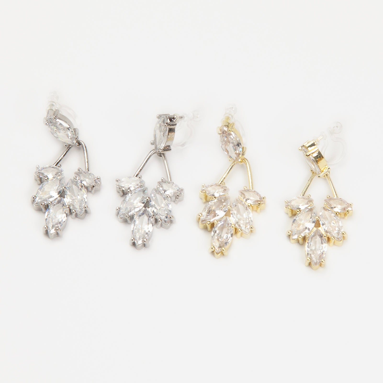 diamond drop invisible clip on earrings gold and silver brass clear resin non pierced leaf design
