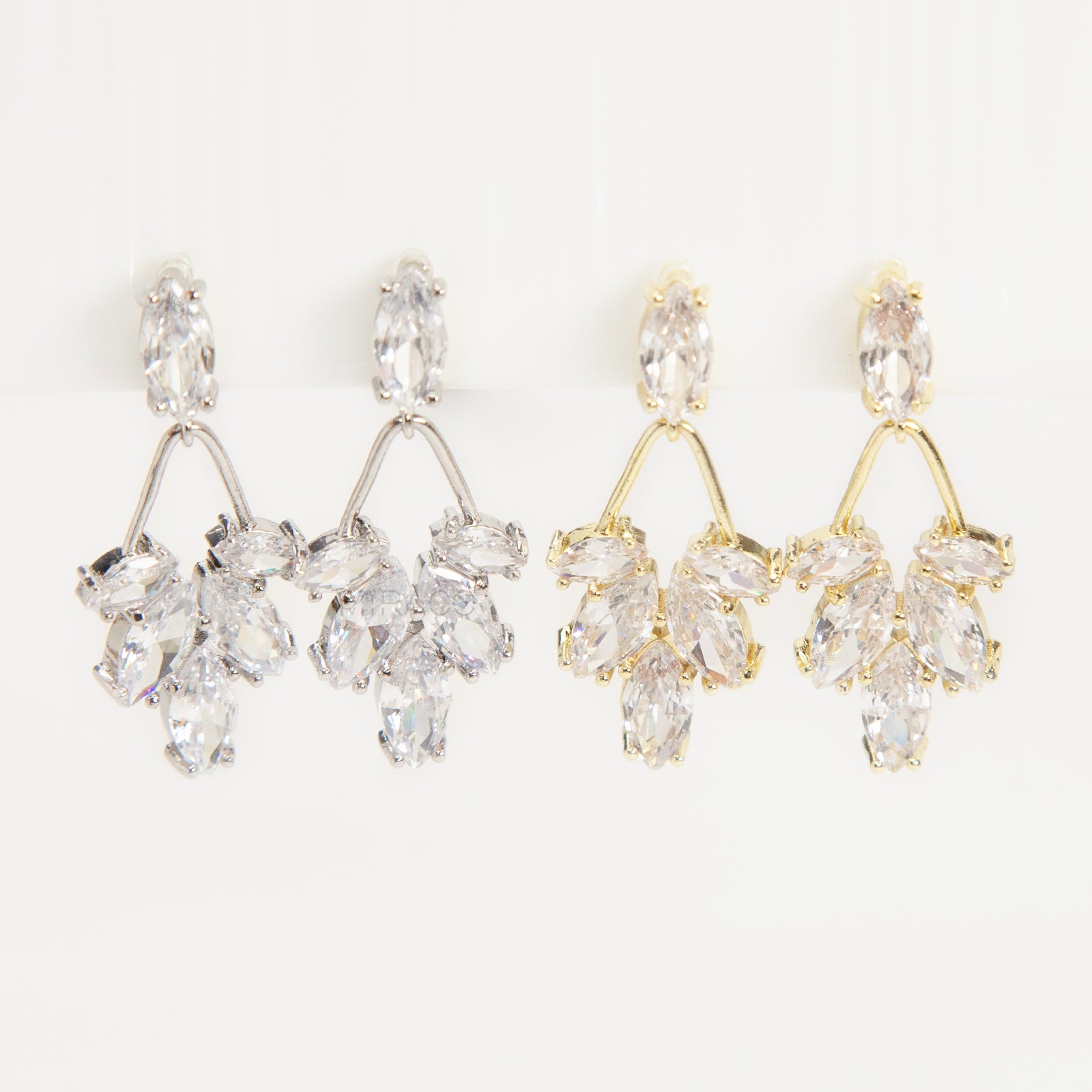 diamond drop invisible clip on earrings gold and silver brass clear resin non pierced leaf design