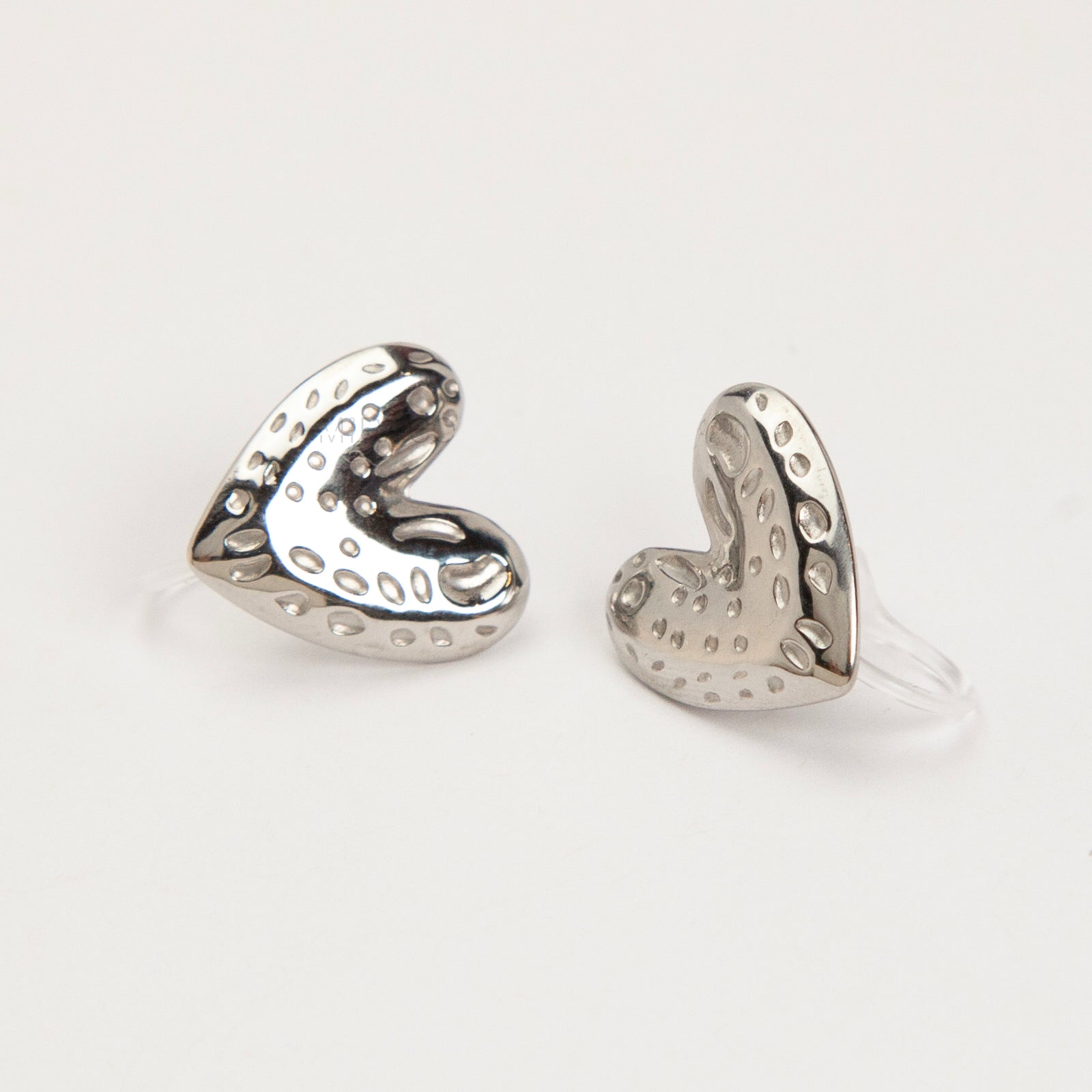 silver hammered heart clip on earrings stainless steel invisible non pierced