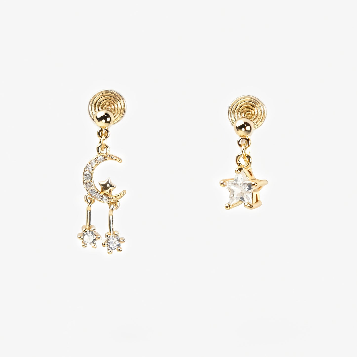 Gold moon and star mismatched clip-on earrings with crystal dangles, non-pierced coil back design