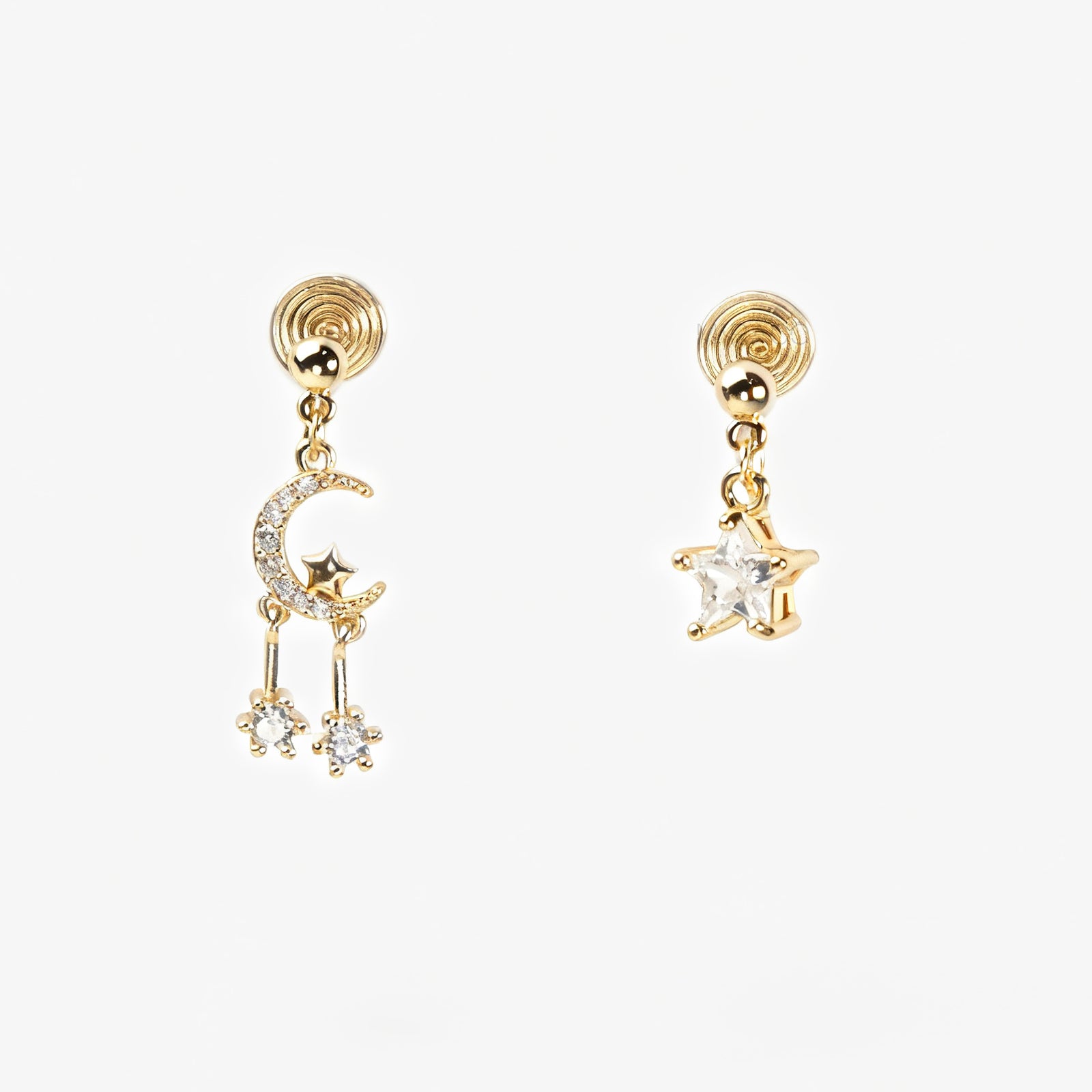 Gold moon and star mismatched clip-on earrings with crystal dangles, non-pierced coil back design