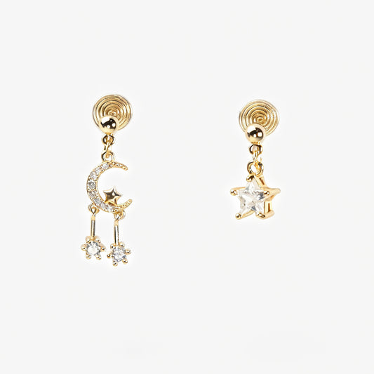 Gold moon and star mismatched clip-on earrings with crystal dangles, non-pierced coil back design