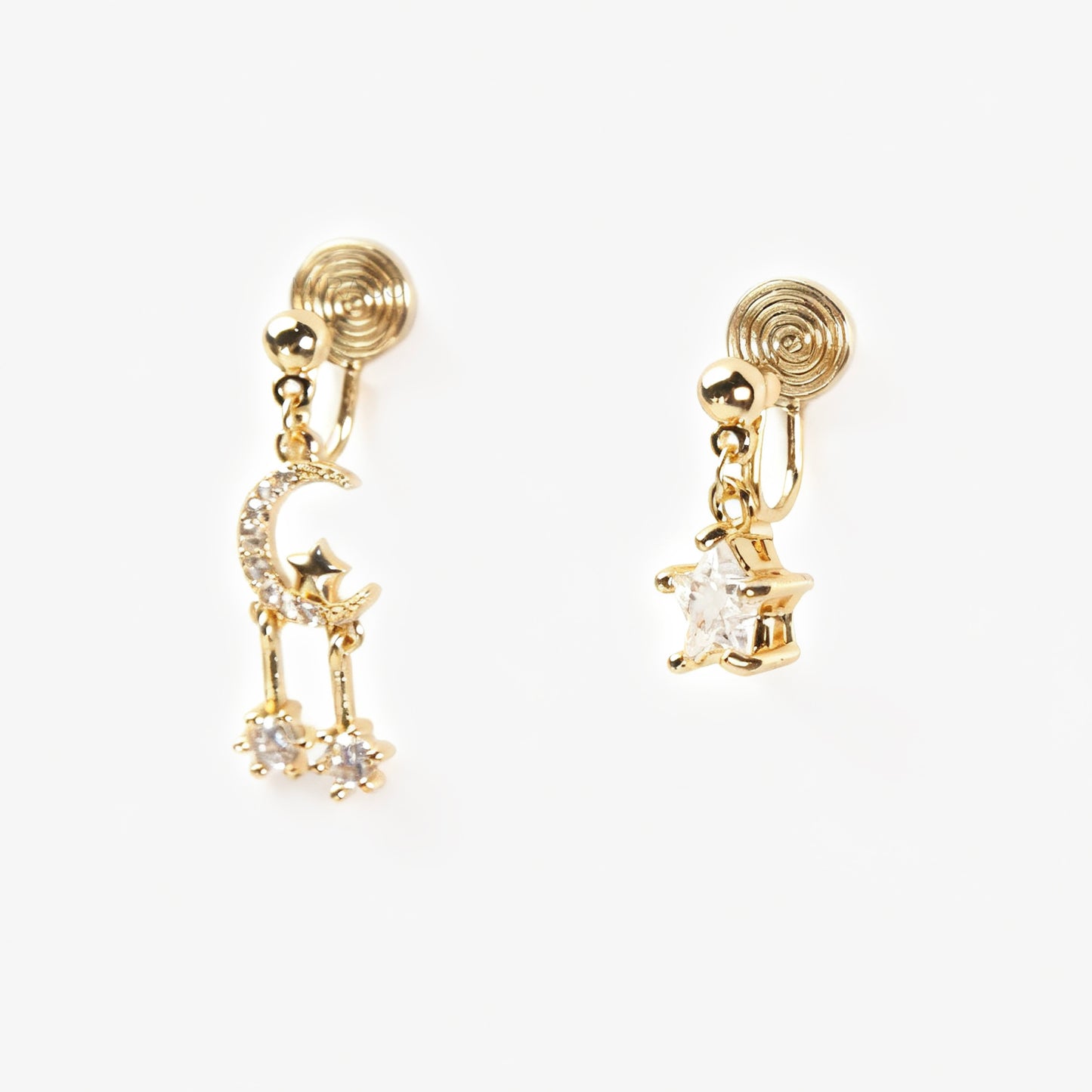 Gold moon and star mismatched clip-on earrings with crystal dangles, non-pierced coil back design