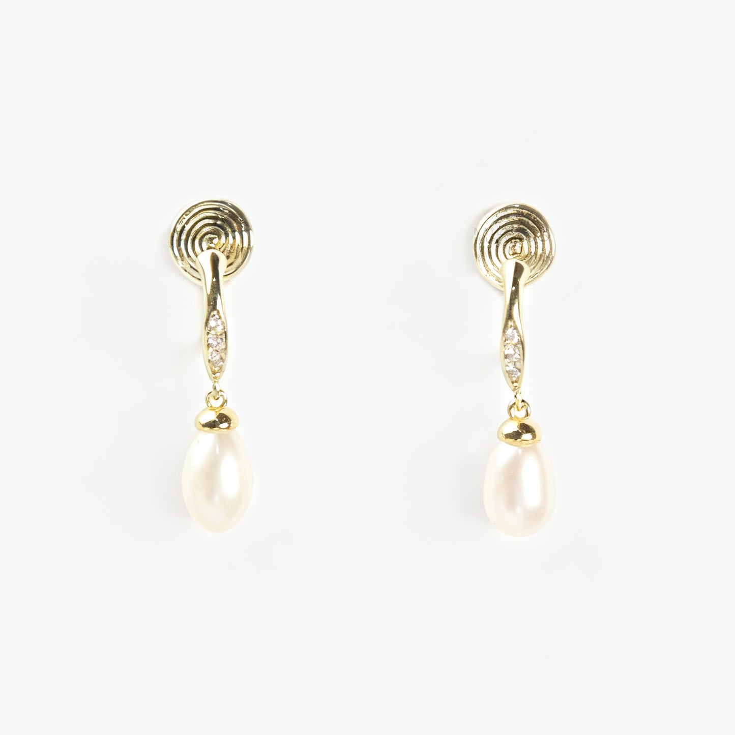 Pair of Sparkle Dangle Freshwater Pearl Clip-On Earrings with Coil Back and cubic zirconia accents.
