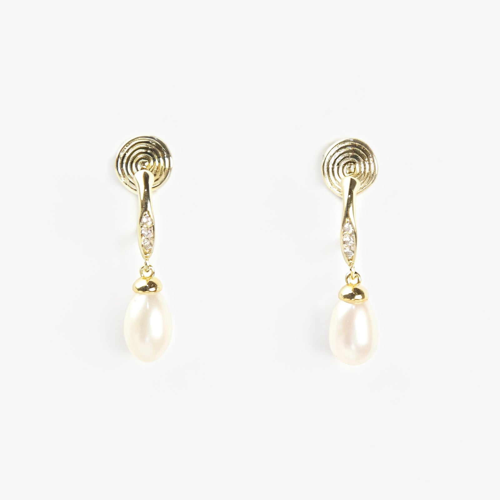 Pair of Sparkle Dangle Freshwater Pearl Clip-On Earrings with Coil Back and cubic zirconia accents.