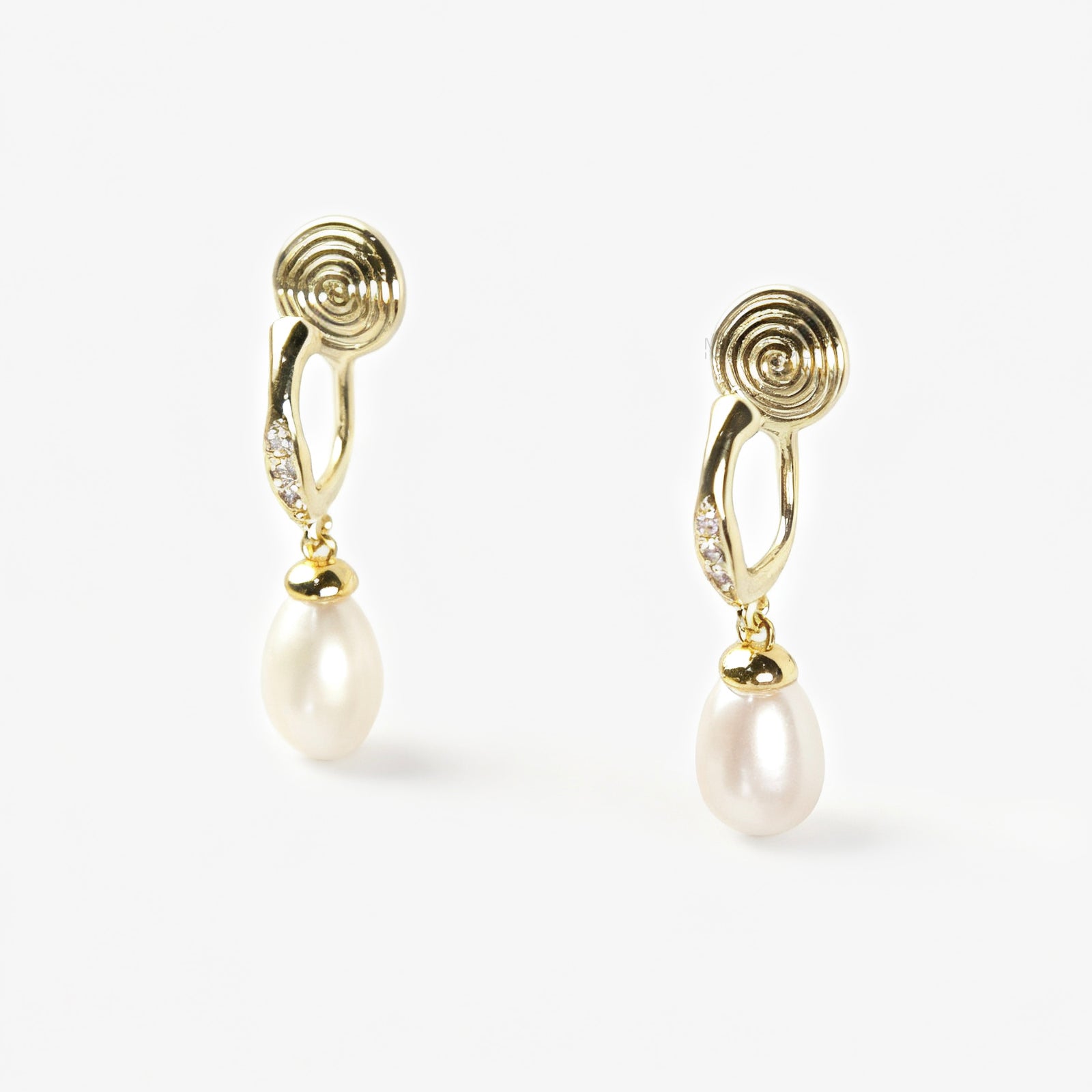 Pair of Sparkle Dangle Freshwater Pearl Clip-On Earrings with Coil Back and cubic zirconia accents.