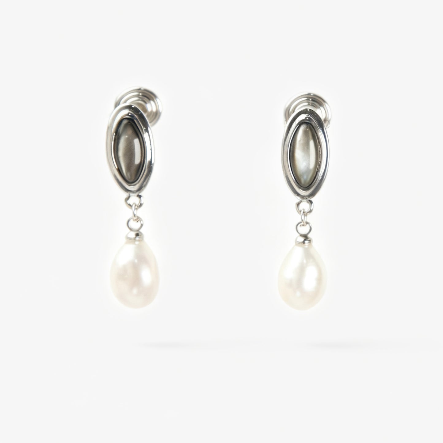 Silver oval pearl drop clip-on earrings for non-pierced ears