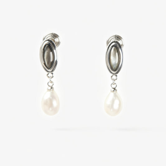 Silver oval pearl drop clip-on earrings for non-pierced ears