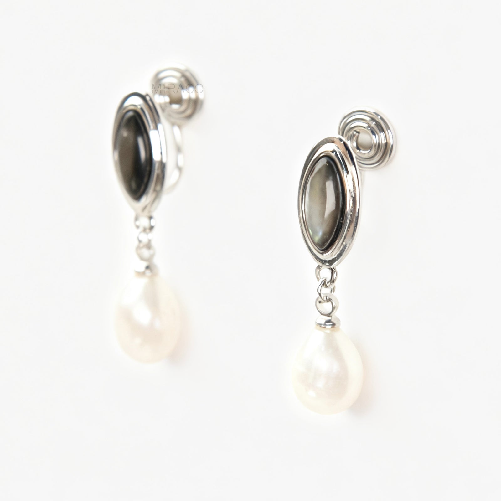 Silver oval pearl drop clip-on earrings for non-pierced ears