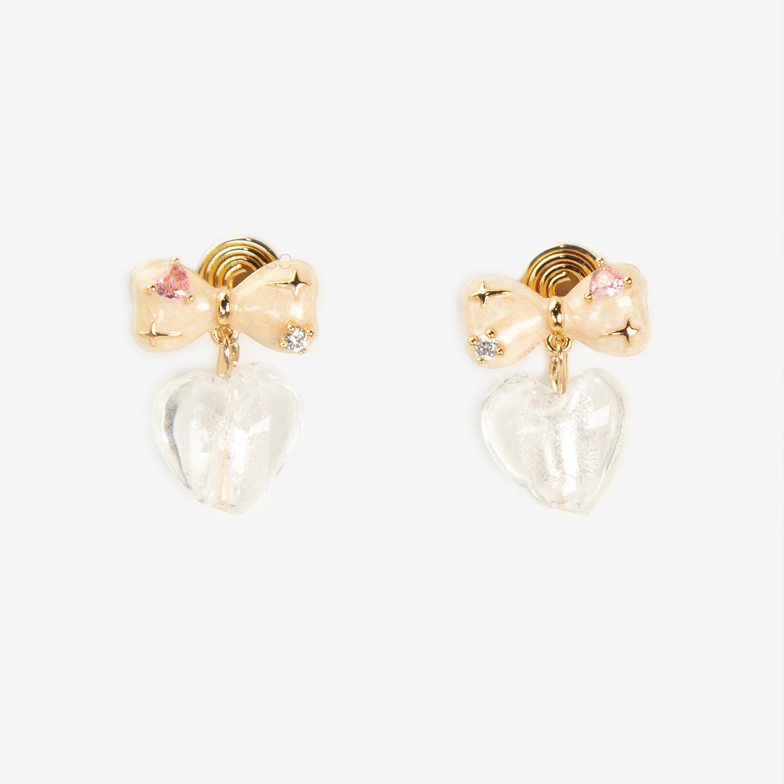 Retro Glass Heart Bow Clip-On Earrings- Coil Back, Non-Pierced