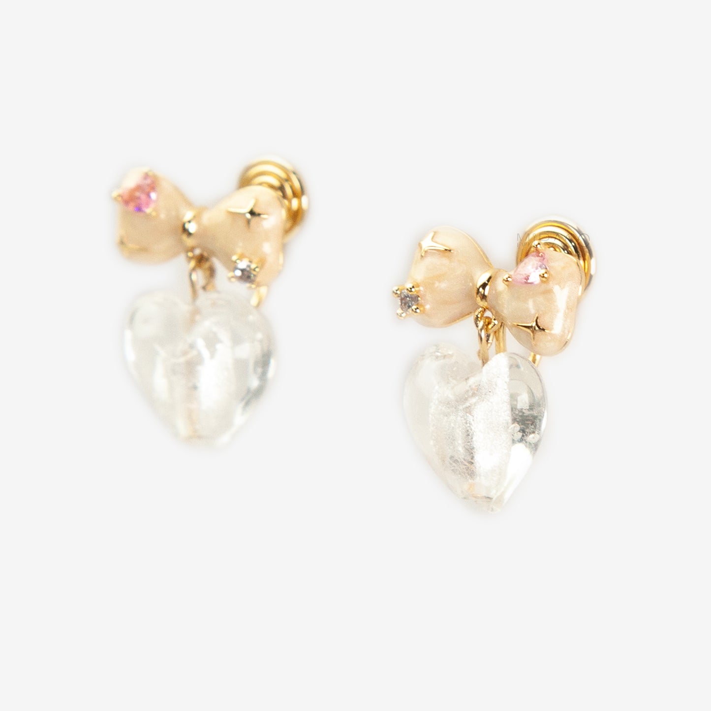 Retro Glass Heart Bow Clip-On Earrings- Coil Back, Non-Pierced