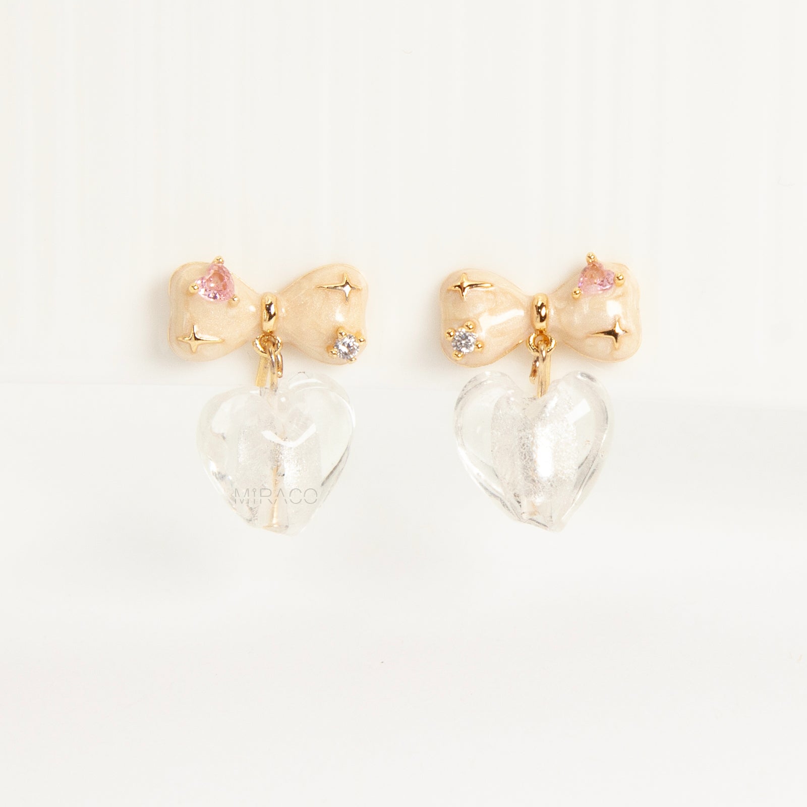 Retro Glass Heart Bow Clip-On Earrings- Coil Back, Non-Pierced