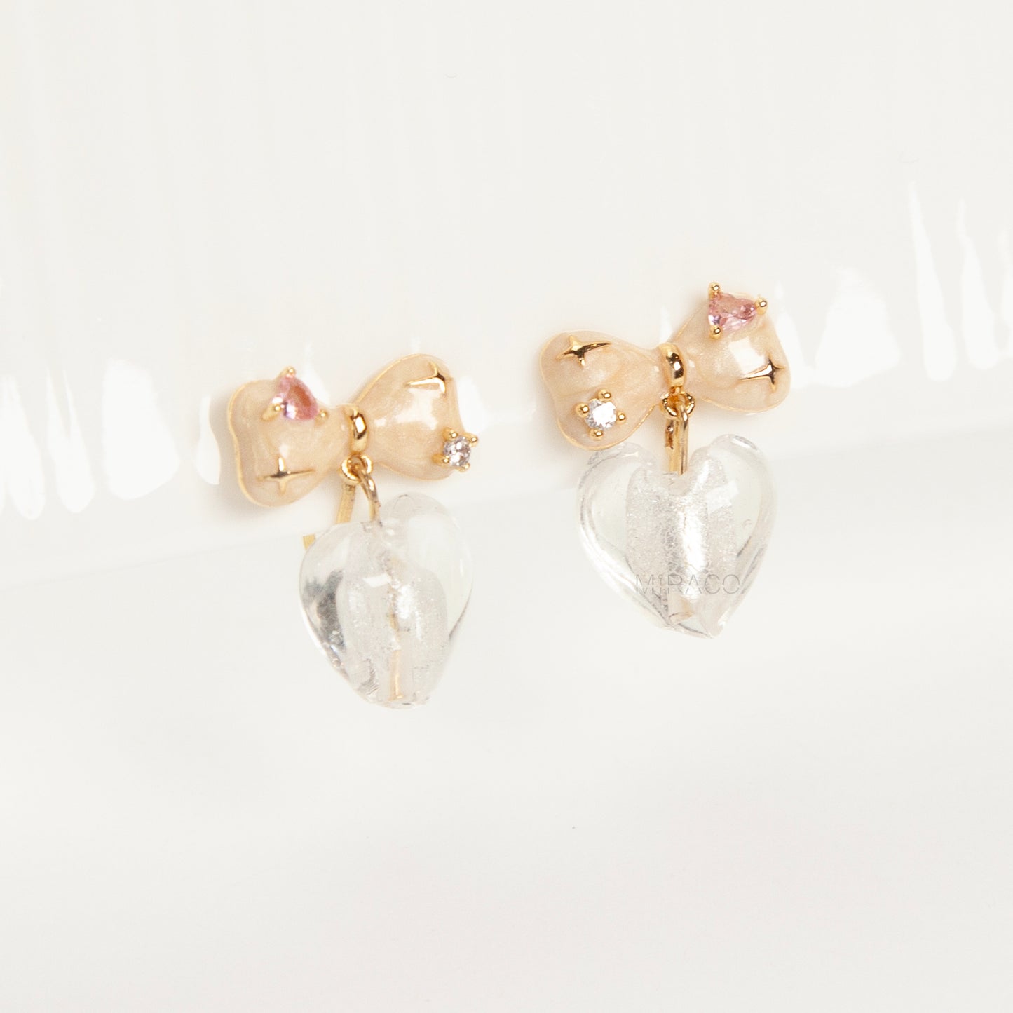 Retro Glass Heart Bow Clip-On Earrings- Coil Back, Non-Pierced