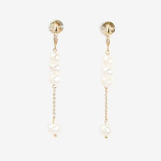 Classic Cascade Coil Back Freshwater Pearl Drops Clip-On Earrings, four pearls long tassel dangle earrings