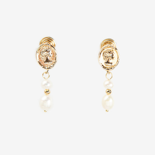 Coin Cameo & Genuine White Pearl Clip-On Earrings - The "Heirloom Drop