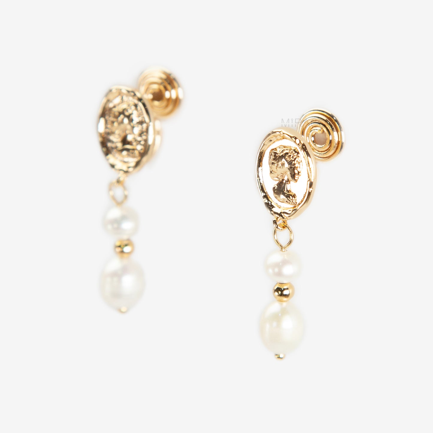 Coin Cameo & Genuine White Pearl Clip-On Earrings - The "Heirloom Drop