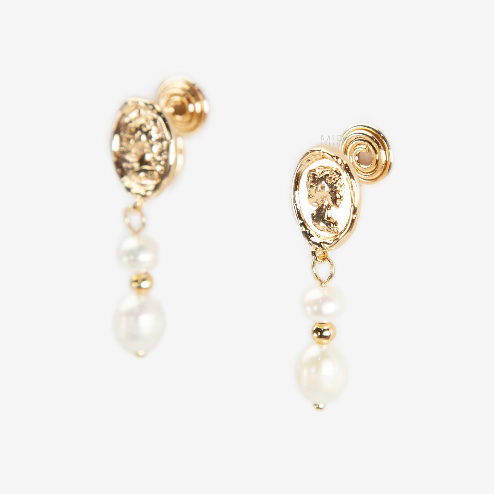 Coin Cameo & Genuine White Pearl Clip-On Earrings - The "Heirloom Drop