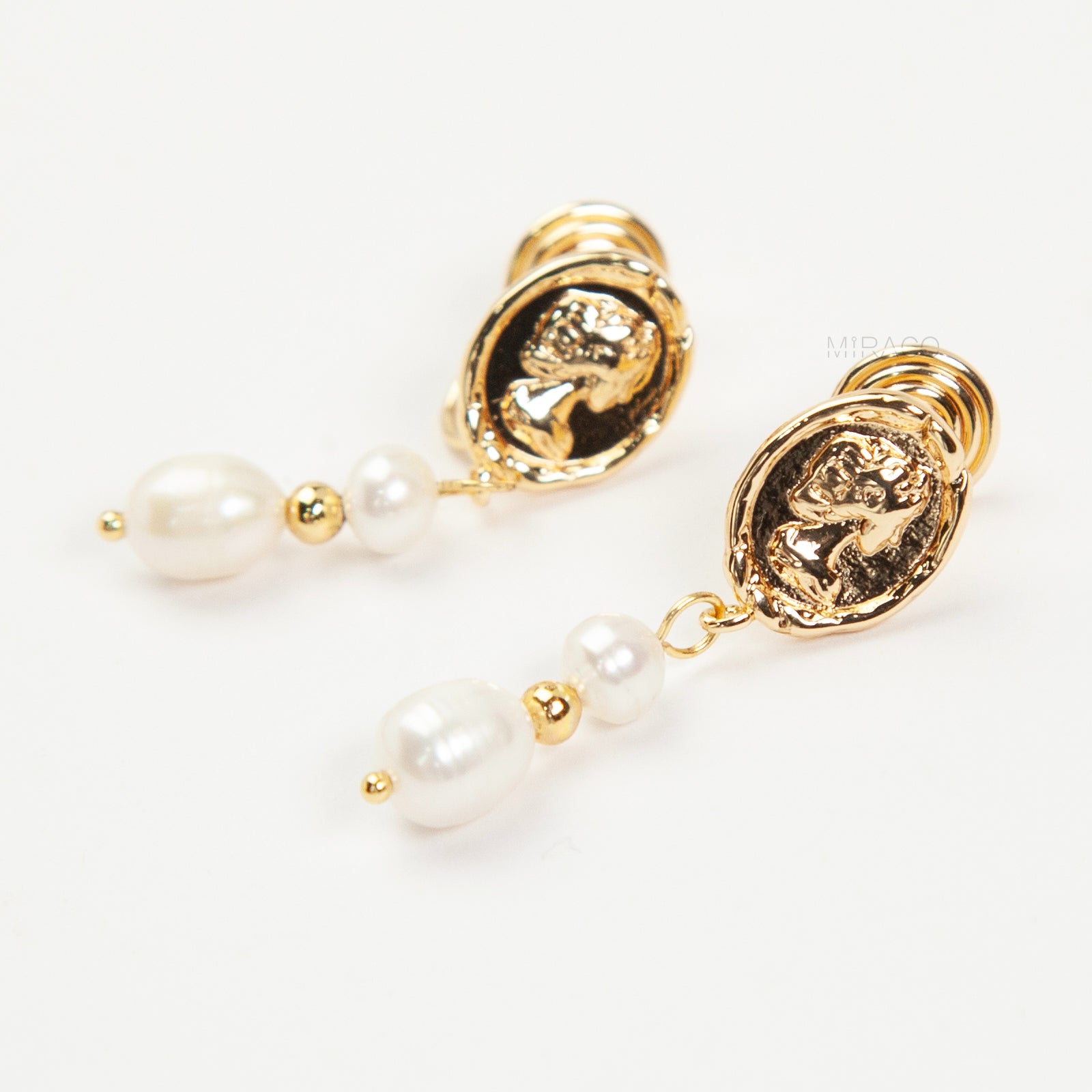 Coin Cameo & Genuine White Pearl Clip-On Earrings - The "Heirloom Drop