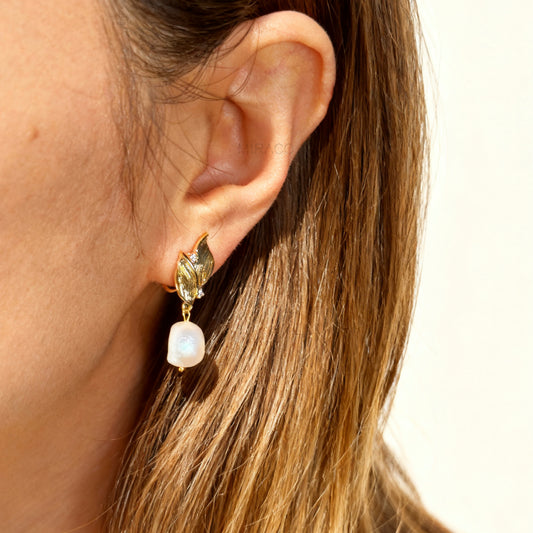 Leaf Motif Baroque Pearl Clip-On Earrings - Comfort Back