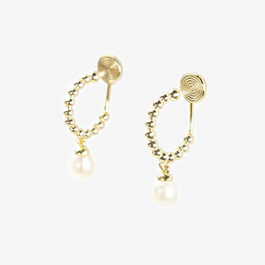 gold beaded hoop clip-on earring with a dangling pearl
