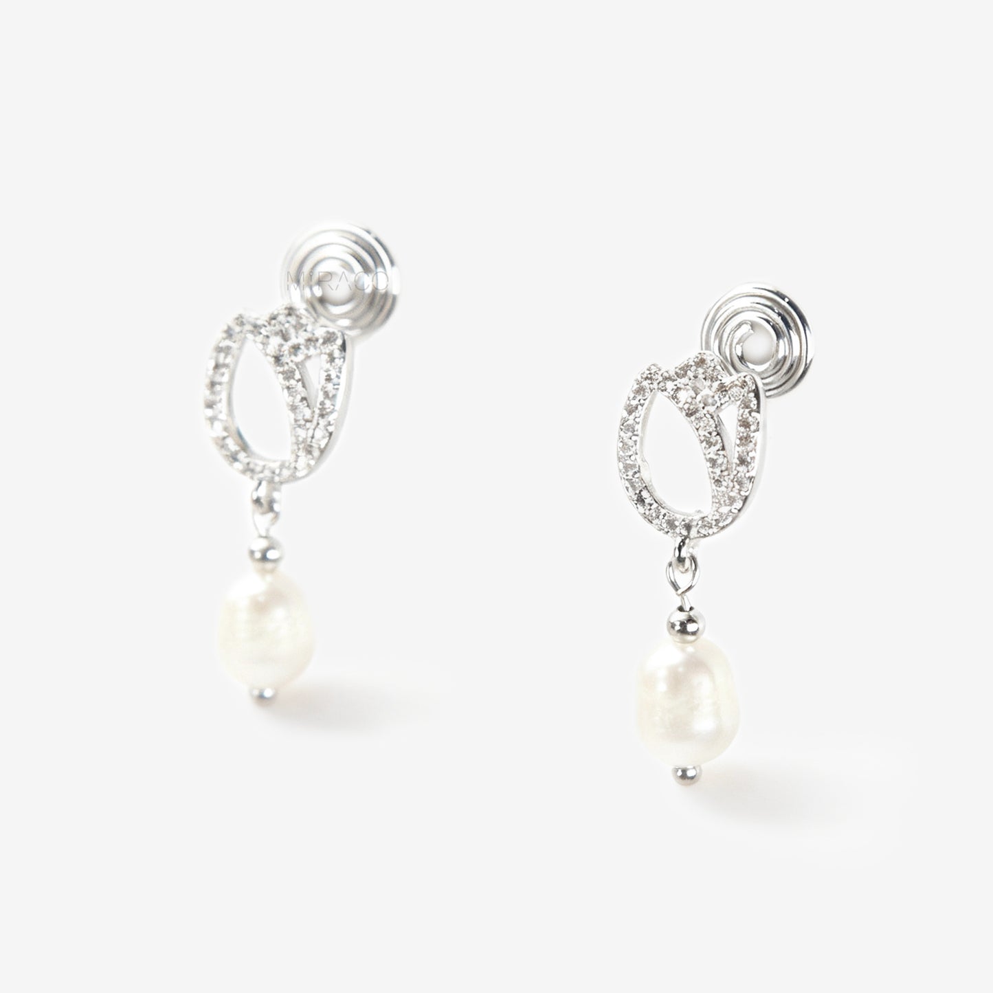 Silver Pave Crystal Flower Clip-On Earrings with Real Pearl Drop