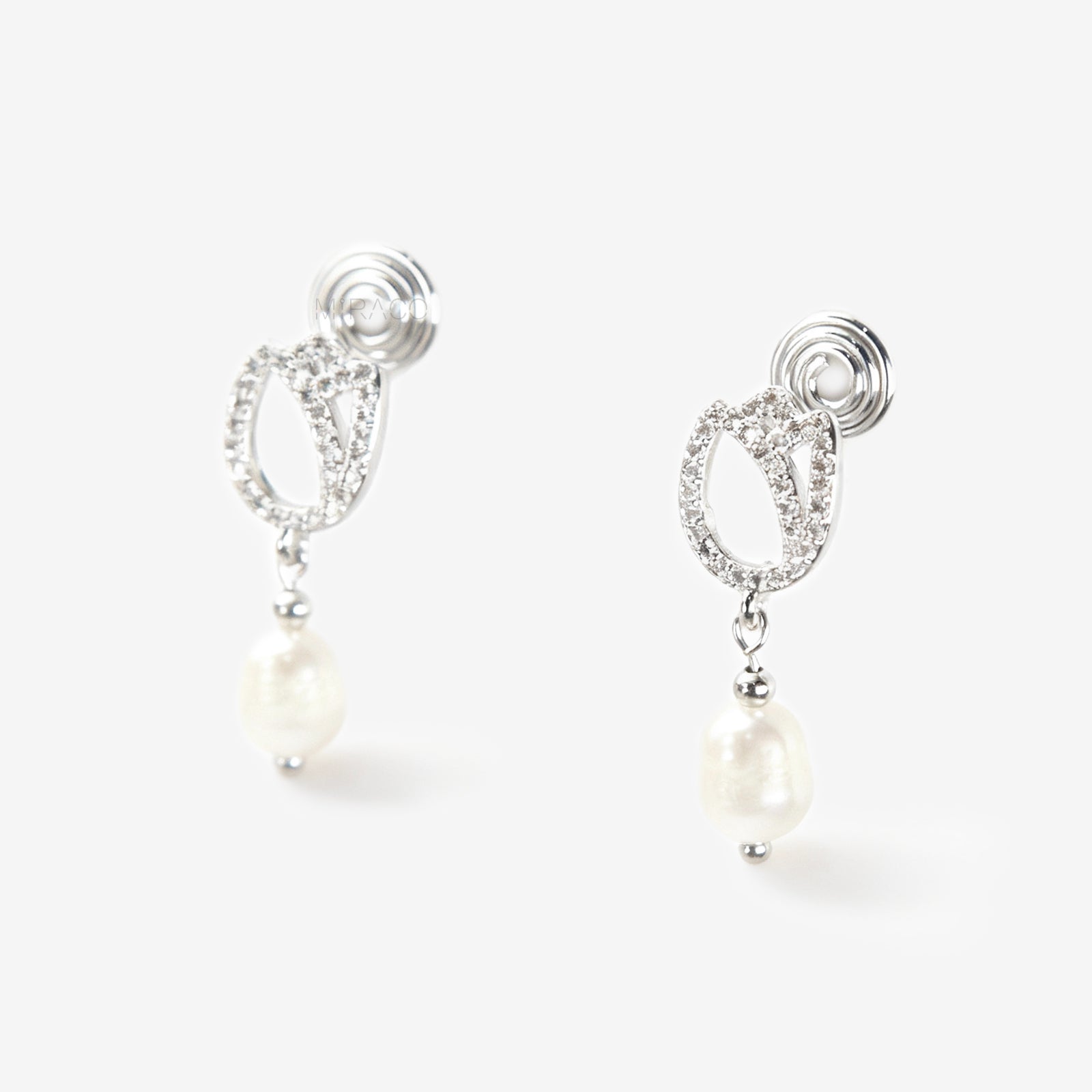 Silver Pave Crystal Flower Clip-On Earrings with Real Pearl Drop