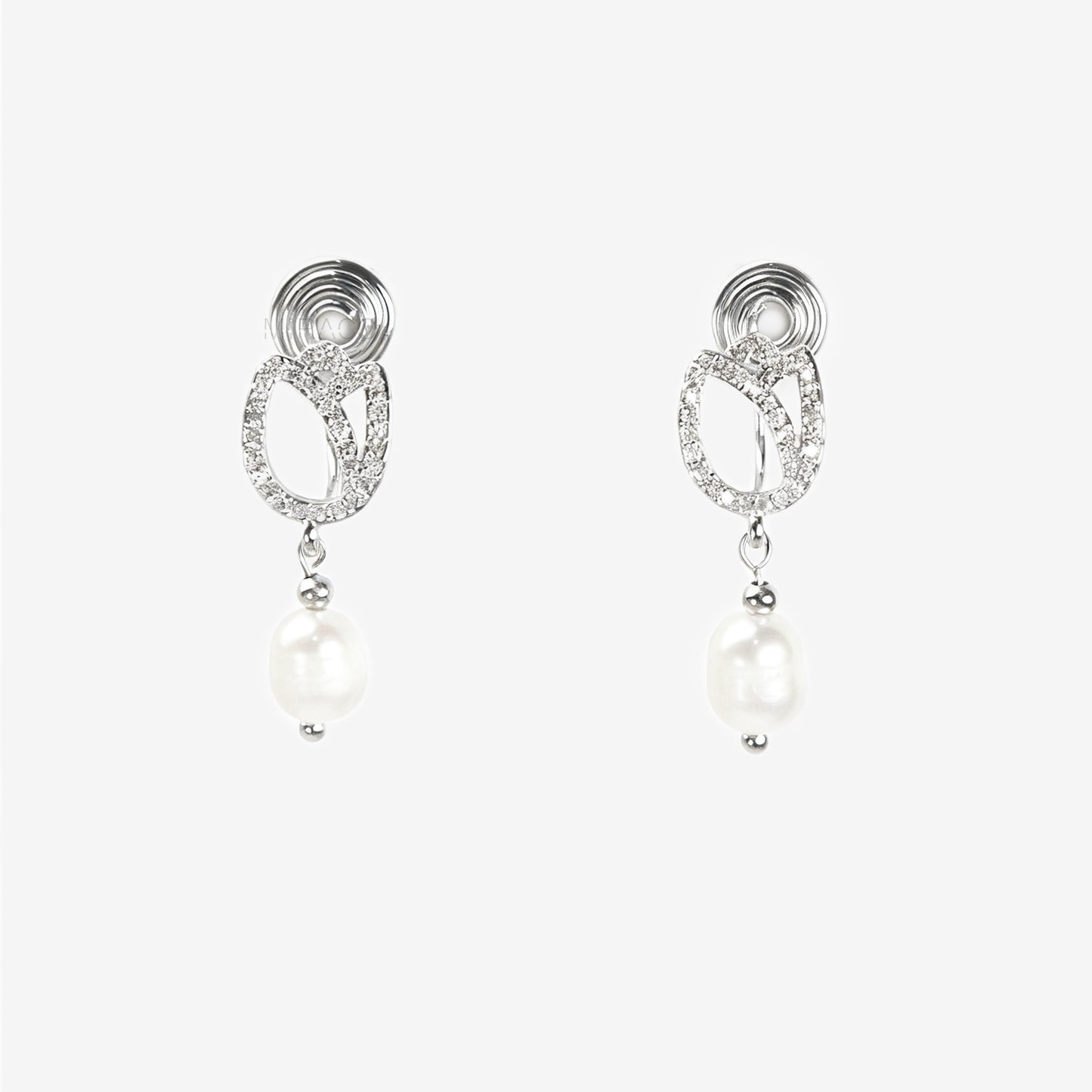 Silver Pave Crystal Flower Clip-On Earrings with Real Pearl Drop