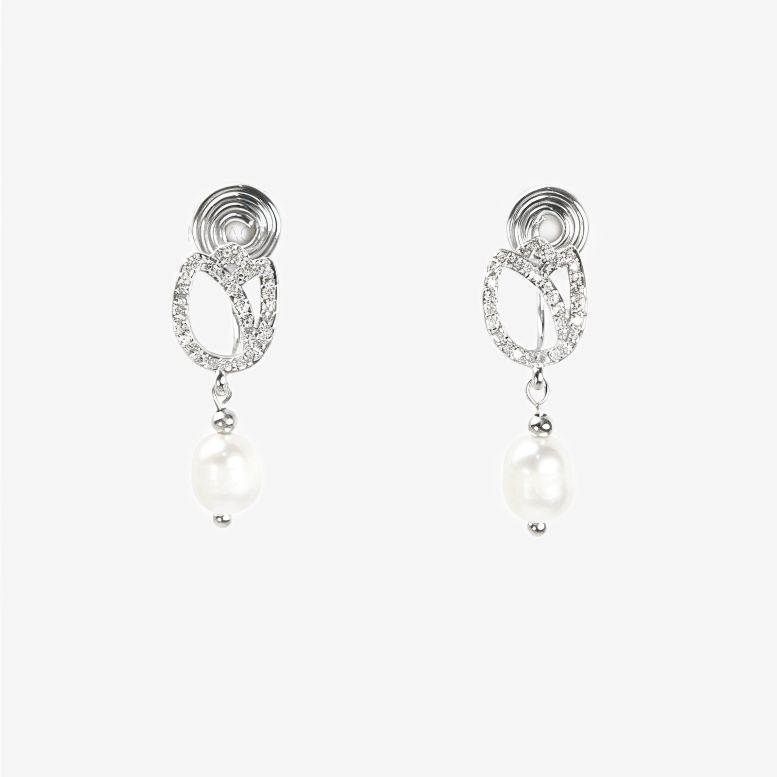 Silver Pave Crystal Flower Clip-On Earrings with Real Pearl Drop