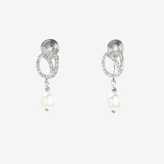 Silver Pave Crystal Flower Clip-On Earrings with Real Pearl Drop