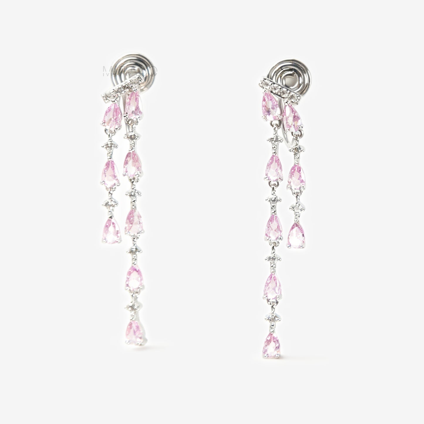 Long, silver-tone dangle clip-on earrings featuring cascading strands of clear (white) and pink pear-shaped and round-cut cubic zirconia stones.