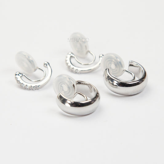 Silver minimalist clip-on hoop earrings set with two simple hoop styles for non-pierced ears.