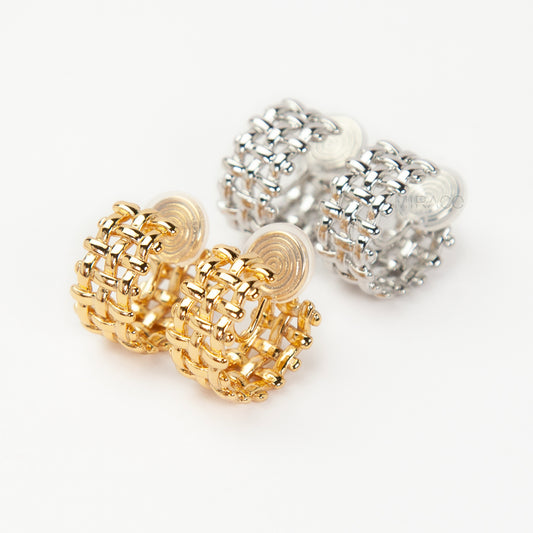 woven mesh coil back clip-on earrings on white background. Two are in silver tone and two are in gold tone. Shows the basketweave texture and the clear coil-back mechanism.
